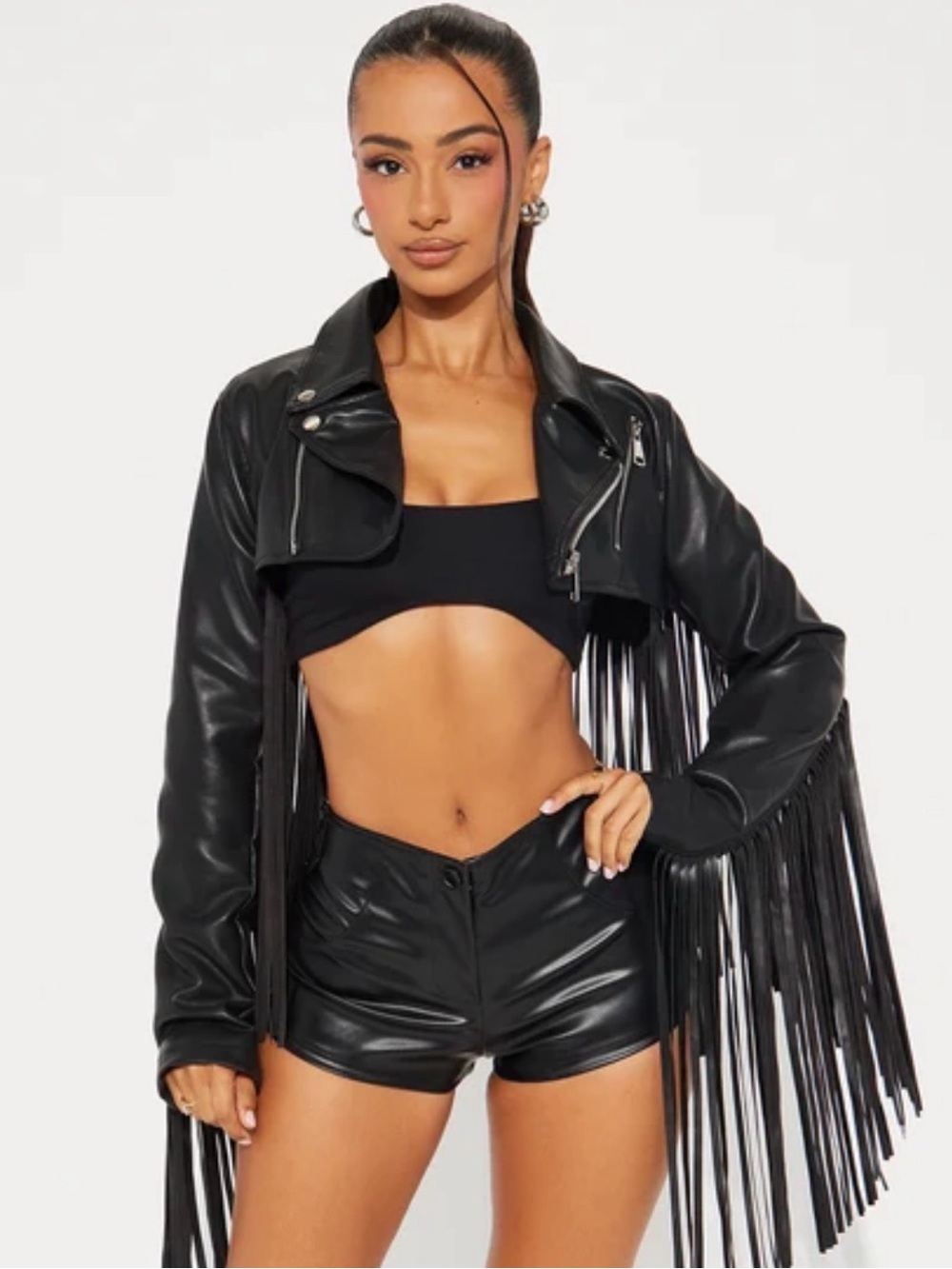 Fashion Nova Black Fringe Faux Leather Moto Jacket